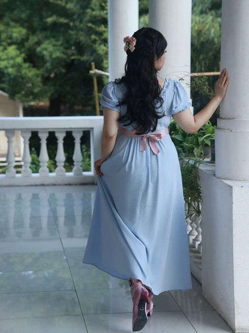 Light Blue Regency Era Dress with Pink Waist Ribbon and Puff Sleeves – Bridgerton Regency Era Dress Plus Size